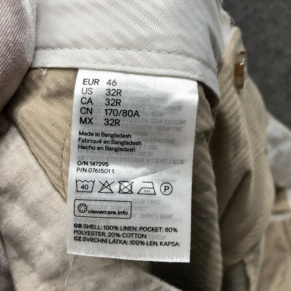 H&M Slim Fit Linen Trousers Mens 32R Beige Flat Front Casual Summer Beach Pants - Picture 9 of 9